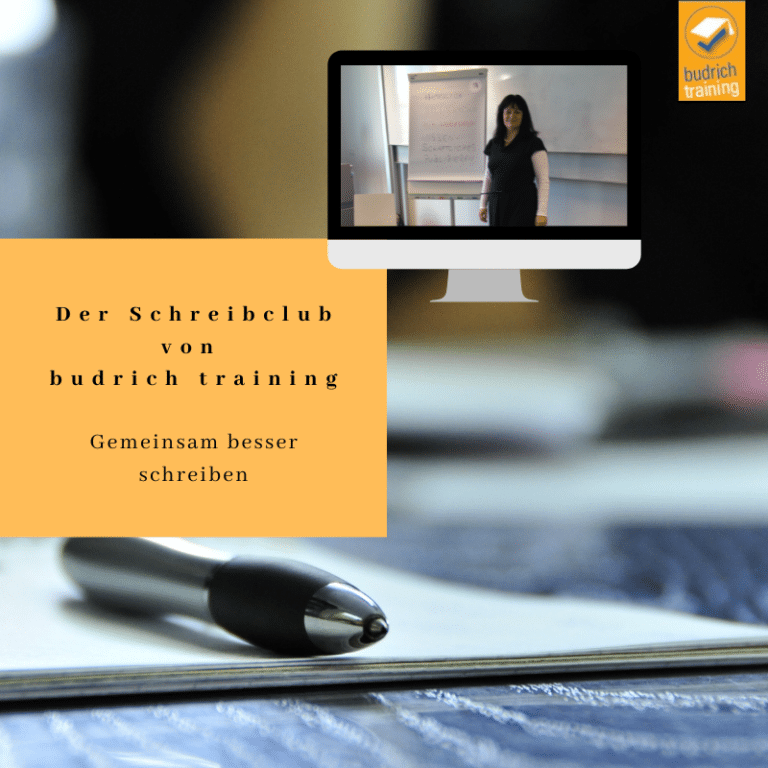 Foto-Collage für den Schreibclub von budrich training. Motto: gemeinsam besser schreiben Die Fotos zeigen einen Schreibtisch mit Block und Kugelschreiber und ein Foto von Barbara Budrich mit offenen längeren Haaren in einem legeren Kleid mit einem freundlichen Lächeln.